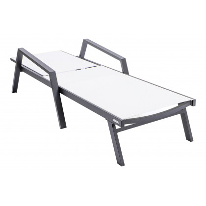 LeisureMod Marlin Modern Black Aluminum Outdoor Chaise Lounge Chair With Arms and Square Fire Pit Side Table for Patio - White