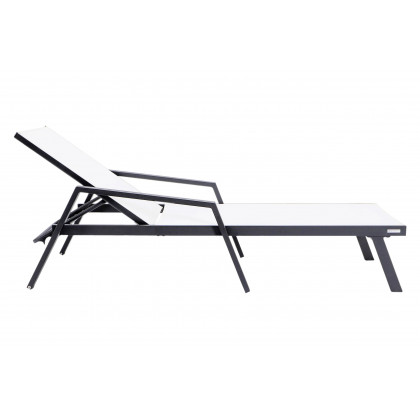 LeisureMod Marlin Modern Black Aluminum Outdoor Chaise Lounge Chair With Arms and Square Fire Pit Side Table for Patio - White