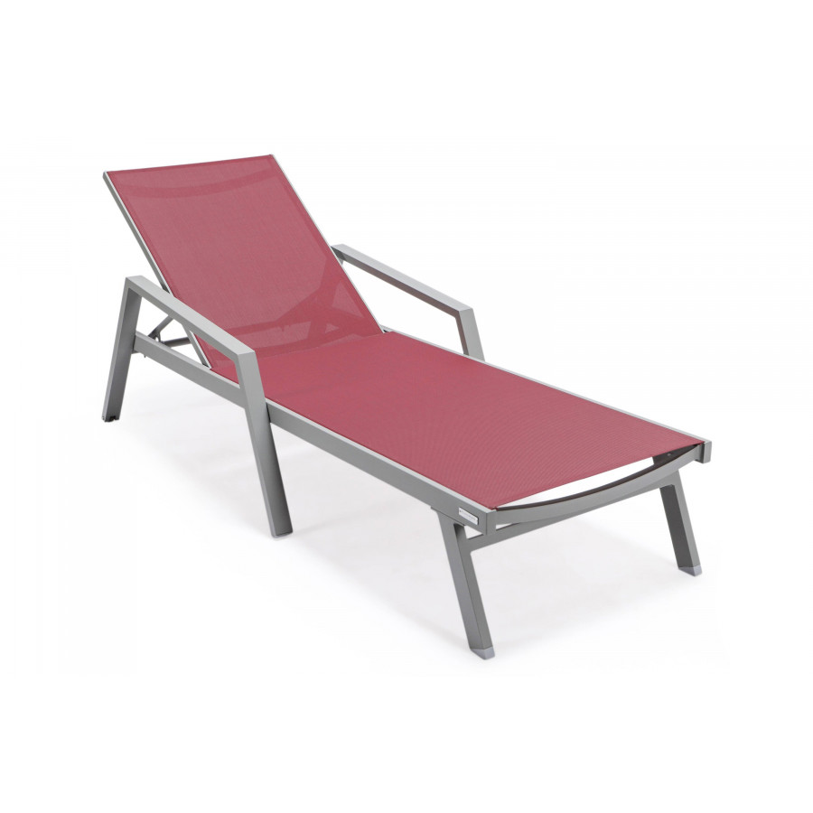 LeisureMod Marlin Patio Chaise Lounge Chair With Armrests In Gray Aluminum Frame - Burgundy