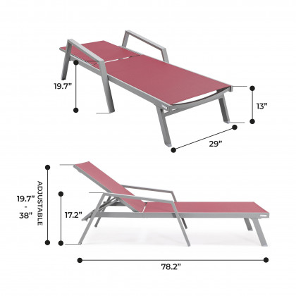 LeisureMod Marlin Patio Chaise Lounge Chair With Armrests In Gray Aluminum Frame - Burgundy