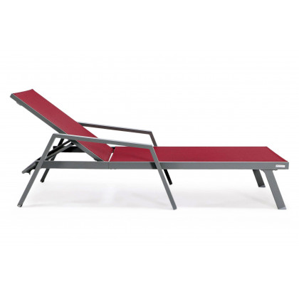 LeisureMod Marlin Patio Chaise Lounge Chair With Armrests In Gray Aluminum Frame - Burgundy