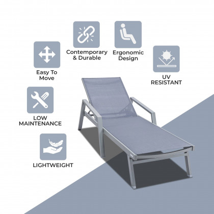 LeisureMod Marlin Patio Chaise Lounge Chair With Armrests In Gray Aluminum Frame - Dark Gray