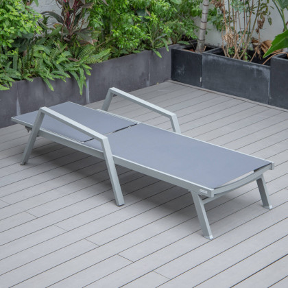 LeisureMod Marlin Patio Chaise Lounge Chair With Armrests In Gray Aluminum Frame - Dark Gray