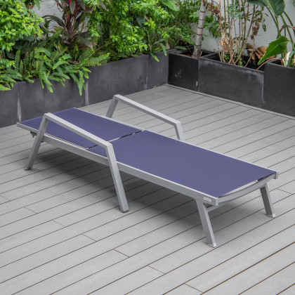 LeisureMod Marlin Patio Chaise Lounge Chair With Armrests In Gray Aluminum Frame - Navy Blue