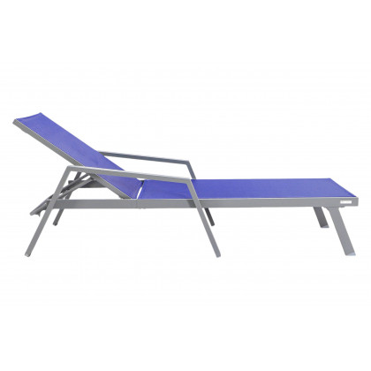 LeisureMod Marlin Modern Gray Aluminum Outdoor Chaise Lounge Chair With Arms and Square Fire Pit Side Table for Patio - Navy Blue