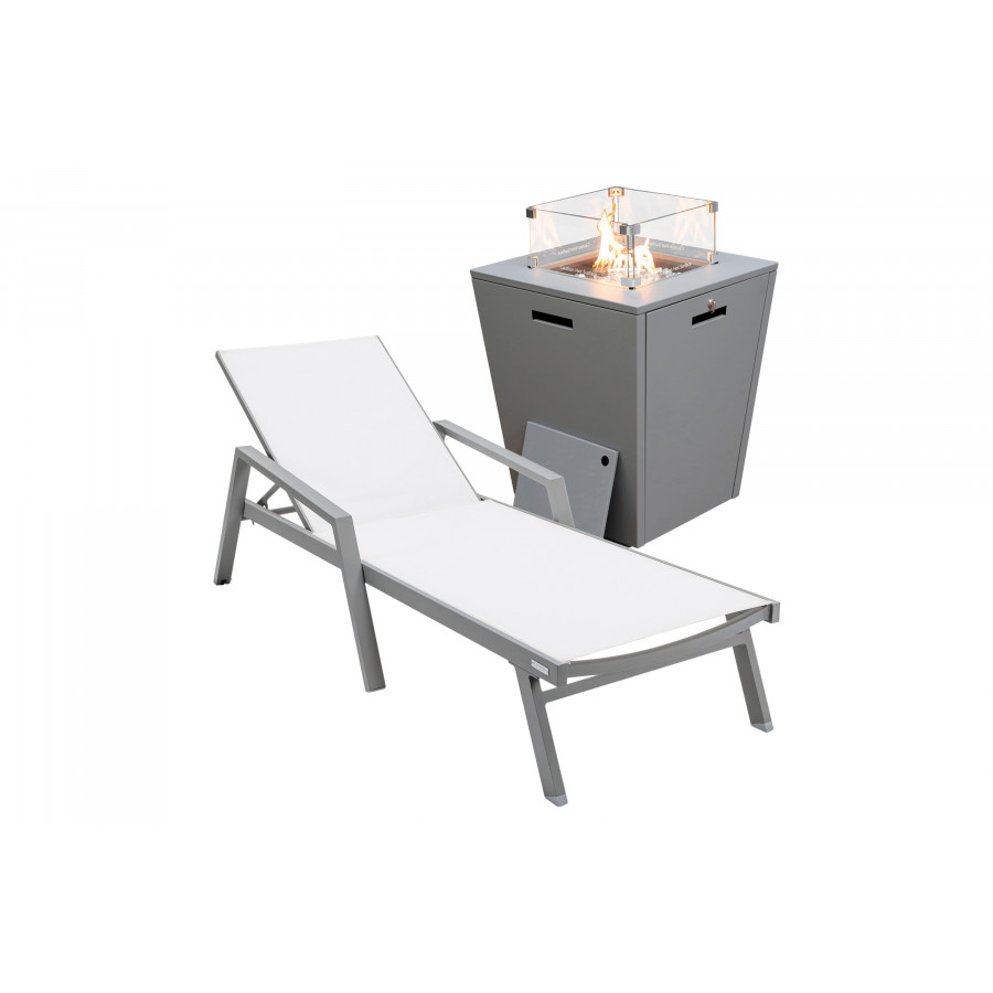 LeisureMod Marlin Modern Gray Aluminum Outdoor Chaise Lounge Chair With Arms and Square Fire Pit Side Table for Patio - White