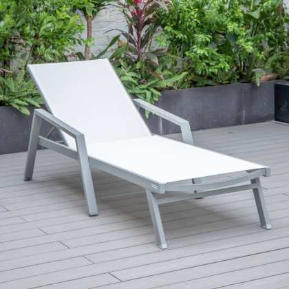 LeisureMod Marlin Modern Gray Aluminum Outdoor Chaise Lounge Chair With Arms and Square Fire Pit Side Table for Patio - White