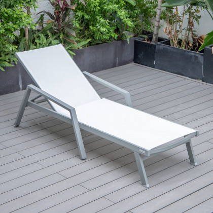 LeisureMod Marlin Modern Gray Aluminum Outdoor Chaise Lounge Chair With Arms and Square Fire Pit Side Table for Patio - White