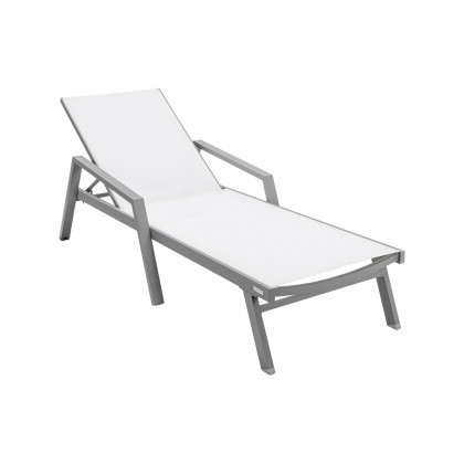 LeisureMod Marlin Modern Gray Aluminum Outdoor Chaise Lounge Chair With Arms and Square Fire Pit Side Table for Patio - White