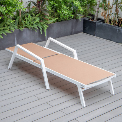 LeisureMod Marlin Patio Chaise Lounge Chair With Armrests In White Aluminum Frame - Light Brown
