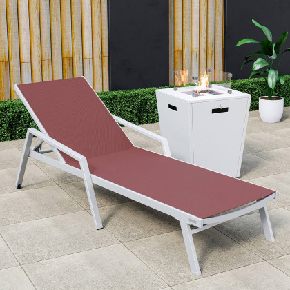 LeisureMod - Marlin Modern Black Aluminum Outdoor Chaise Lounge Chair With Arms and Square Fire Pit Side Table for Patio