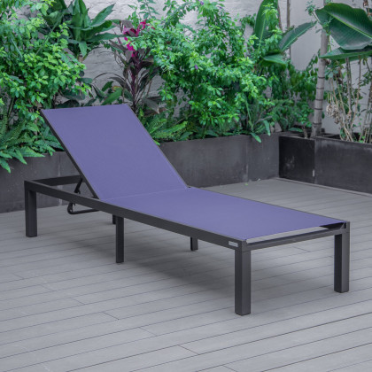LeisureMod Marlin Patio Chaise Lounge Chair With Black Aluminum Frame - Navy Blue