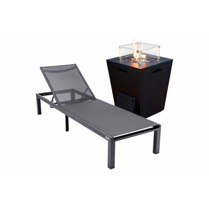 LeisureMod - Marlin Modern Black Aluminum Outdoor Patio Chaise Lounge Chair with Square Fire Pit Side Table