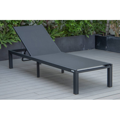 LeisureMod Marlin Modern Black Aluminum Outdoor Patio Chaise Lounge Chair with Square Fire Pit Side Table - Black