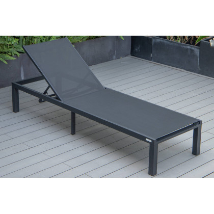 LeisureMod Marlin Modern Black Aluminum Outdoor Patio Chaise Lounge Chair with Square Fire Pit Side Table - Black