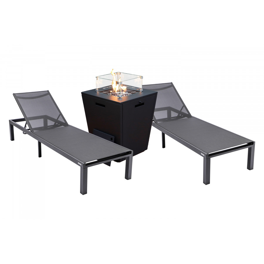 LeisureMod Marlin Modern Black Aluminum Outdoor Chaise Lounge Chair With Square Fire Pit Side Table Set of 2 - Black