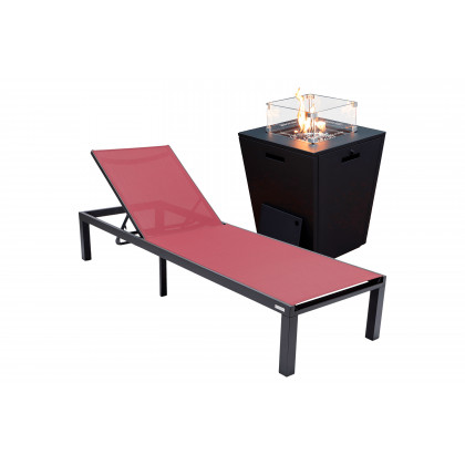LeisureMod - Marlin Modern Black Aluminum Outdoor Patio Chaise Lounge Chair with Square Fire Pit Side Table