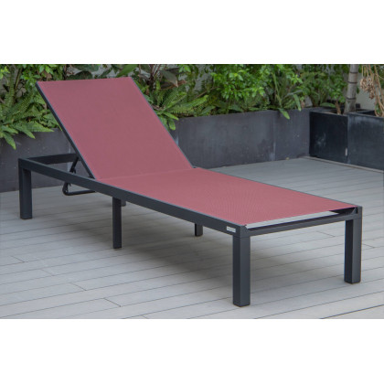 LeisureMod Marlin Modern Black Aluminum Outdoor Patio Chaise Lounge Chair with Square Fire Pit Side Table - Burgundy