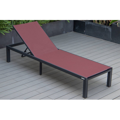 LeisureMod Marlin Modern Black Aluminum Outdoor Patio Chaise Lounge Chair with Square Fire Pit Side Table - Burgundy