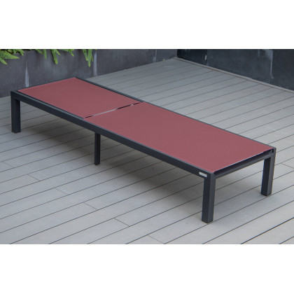 LeisureMod Marlin Modern Black Aluminum Outdoor Patio Chaise Lounge Chair with Square Fire Pit Side Table - Burgundy