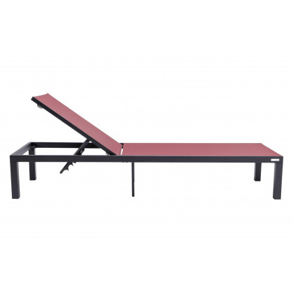 LeisureMod Marlin Modern Black Aluminum Outdoor Patio Chaise Lounge Chair with Square Fire Pit Side Table - Burgundy