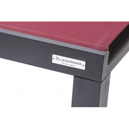 LeisureMod Marlin Modern Black Aluminum Outdoor Patio Chaise Lounge Chair with Square Fire Pit Side Table - Burgundy
