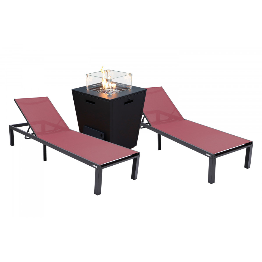 LeisureMod Marlin Modern Black Aluminum Outdoor Chaise Lounge Chair With Square Fire Pit Side Table Set of 2 - Burgundy