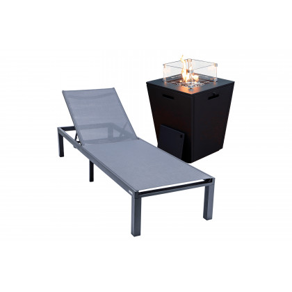 LeisureMod - Marlin Modern Black Aluminum Outdoor Patio Chaise Lounge Chair with Square Fire Pit Side Table