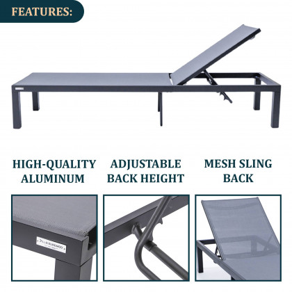 LeisureMod Marlin Modern Black Aluminum Outdoor Patio Chaise Lounge Chair with Square Fire Pit Side Table - Dark Gray