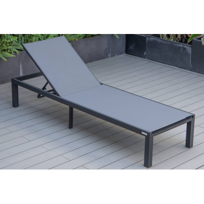 LeisureMod Marlin Modern Black Aluminum Outdoor Patio Chaise Lounge Chair with Square Fire Pit Side Table - Dark Gray