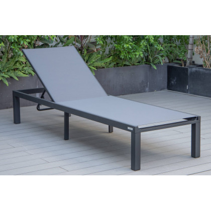 LeisureMod Marlin Modern Black Aluminum Outdoor Patio Chaise Lounge Chair with Square Fire Pit Side Table - Dark Gray