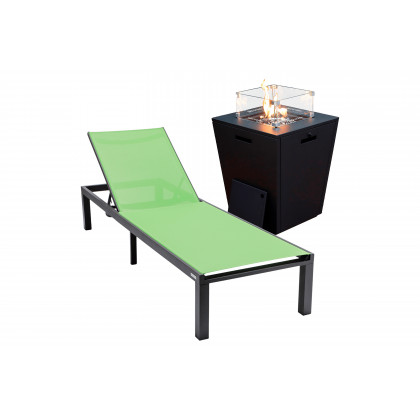 LeisureMod - Marlin Modern Black Aluminum Outdoor Patio Chaise Lounge Chair with Square Fire Pit Side Table