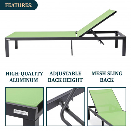 LeisureMod Marlin Modern Black Aluminum Outdoor Patio Chaise Lounge Chair with Square Fire Pit Side Table - Green