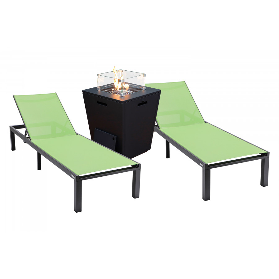 LeisureMod Marlin Modern Black Aluminum Outdoor Chaise Lounge Chair With Square Fire Pit Side Table Set of 2 - Green