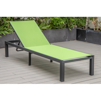 LeisureMod Marlin Modern Black Aluminum Outdoor Chaise Lounge Chair With Square Fire Pit Side Table Set of 2 - Green