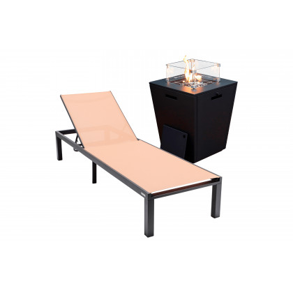 LeisureMod - Marlin Modern Black Aluminum Outdoor Patio Chaise Lounge Chair with Square Fire Pit Side Table