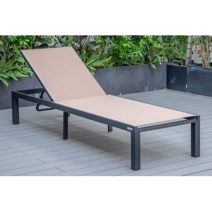 LeisureMod Marlin Modern Black Aluminum Outdoor Patio Chaise Lounge Chair with Square Fire Pit Side Table - Light Brown