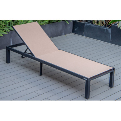 LeisureMod Marlin Modern Black Aluminum Outdoor Patio Chaise Lounge Chair with Square Fire Pit Side Table - Light Brown