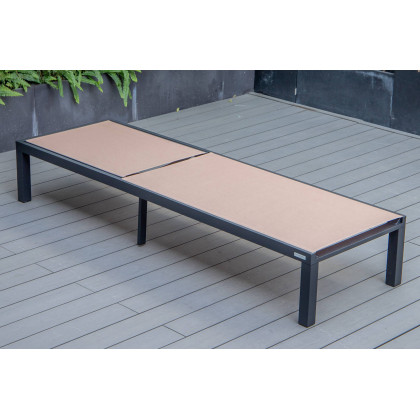 LeisureMod Marlin Modern Black Aluminum Outdoor Patio Chaise Lounge Chair with Square Fire Pit Side Table - Light Brown