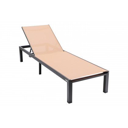 LeisureMod Marlin Modern Black Aluminum Outdoor Patio Chaise Lounge Chair with Square Fire Pit Side Table - Light Brown