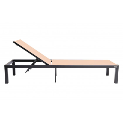 LeisureMod Marlin Modern Black Aluminum Outdoor Patio Chaise Lounge Chair with Square Fire Pit Side Table - Light Brown
