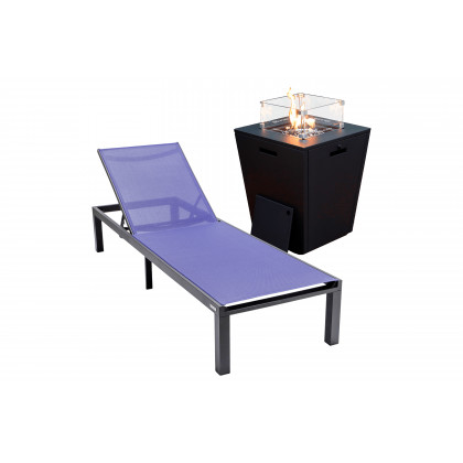 LeisureMod - Marlin Modern Black Aluminum Outdoor Patio Chaise Lounge Chair with Square Fire Pit Side Table