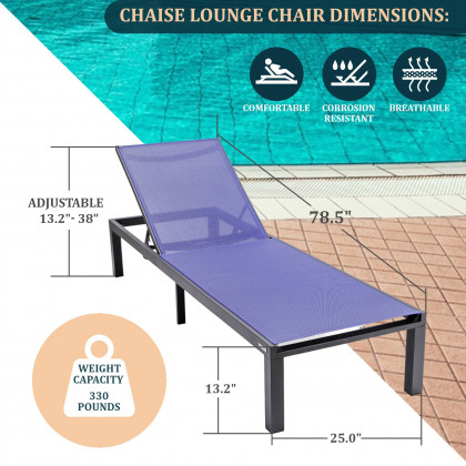 LeisureMod Marlin Modern Black Aluminum Outdoor Patio Chaise Lounge Chair with Square Fire Pit Side Table - Navy Blue