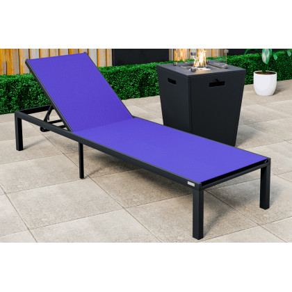 LeisureMod Marlin Modern Black Aluminum Outdoor Patio Chaise Lounge Chair with Square Fire Pit Side Table - Navy Blue
