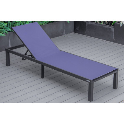LeisureMod Marlin Modern Black Aluminum Outdoor Patio Chaise Lounge Chair with Square Fire Pit Side Table - Navy Blue