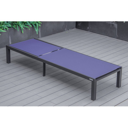 LeisureMod Marlin Modern Black Aluminum Outdoor Patio Chaise Lounge Chair with Square Fire Pit Side Table - Navy Blue