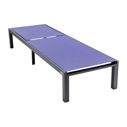 LeisureMod Marlin Modern Black Aluminum Outdoor Patio Chaise Lounge Chair with Square Fire Pit Side Table - Navy Blue