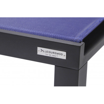 LeisureMod Marlin Modern Black Aluminum Outdoor Patio Chaise Lounge Chair with Square Fire Pit Side Table - Navy Blue