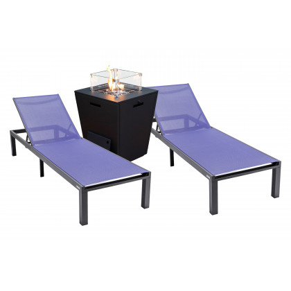 LeisureMod - Marlin Modern Black Aluminum Outdoor Chaise Lounge Chair With Square Fire Pit Side Table Set of 2
