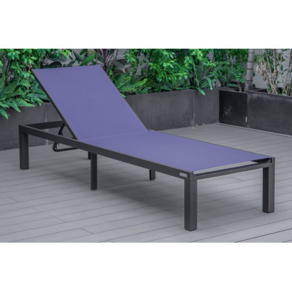 LeisureMod Marlin Modern Black Aluminum Outdoor Chaise Lounge Chair With Square Fire Pit Side Table Set of 2 - Navy Blue